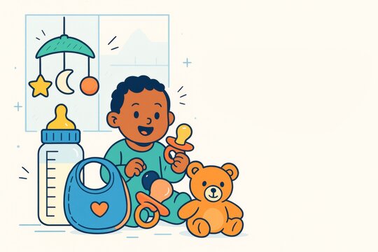 Adorable baby sitting with pacifiers, teddy bear, bottle, and bib near window on light background in flat cartoon style for childcare concept. Ai generative - Powered by Adobe