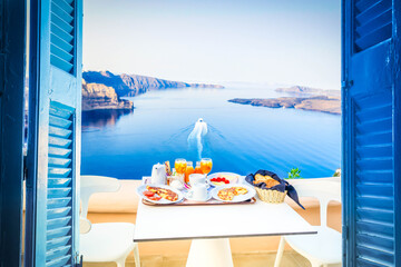 breakfast for two with coffee, fresh orabge juice and yogurt at morning by seaside