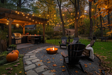 Outdoor kitchen with BBQ Cooking outside by night in fall / autumn