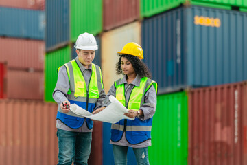 Industrial container workers discuss sustainable logistics operations. Analyzing blueprint, including zero emissions, reducing fuel consumption and carbon footprint in supply chain management