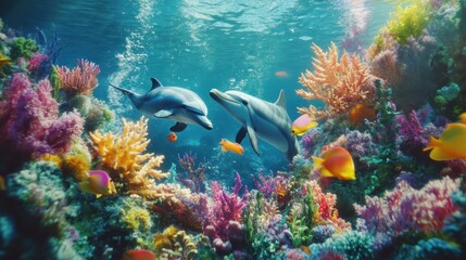 Two dolphins swim amidst vibrant coral reef.