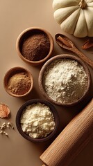 Fototapeta premium Baking Powders Assortment: Wooden Bowls, Rolling Pin, Spices and Flours