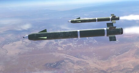 Long-distance ballistic missiles flying during clear daylight. War And Weapons Related 3D Animation.