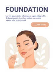 Foundation makeup application woman face natural beauty skincare routine holding sponge soft beige background leaves modern web banner