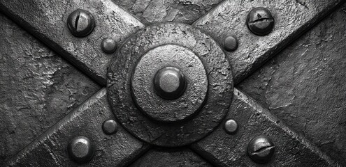 Close-up view of weathered metal, with intersecting crossbars and circular center