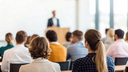 Participants engaged during lecture in spacious conference room &mdash; capturing professional education environment