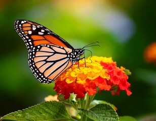 Naklejka premium Beautiful image in nature of monarch butterfly on lantana flower.