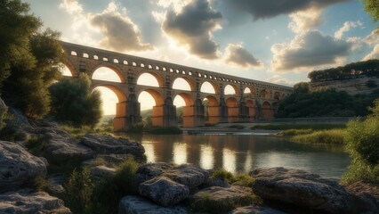 Ancient bridge over a calm river at sunset