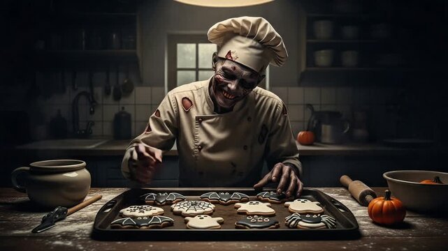 Zombie chef baking Halloween cookies in a spooky kitchen scene