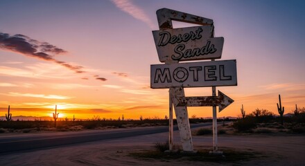 Vintage motel sign in desert landscape at sunset. Nostalgic americana scene with cactus silhouettes. Retro roadside attraction concept for travel and highway tourism in southwest USA.