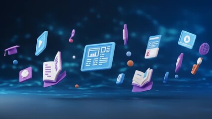 Online education resources float above a digital background, ideal for e-learning