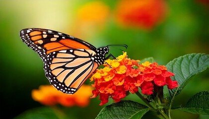 Beautiful image in nature of monarch butterfly on lantana flower.