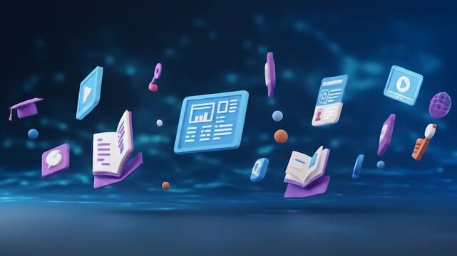 Online education resources float above a digital background, ideal for e-learning