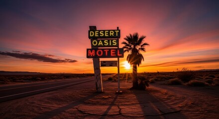 Desert oasis motel neon sign at sunset. Vintage roadside accommodation in American southwest. Retro travel concept with palm tree silhouette and dramatic sky