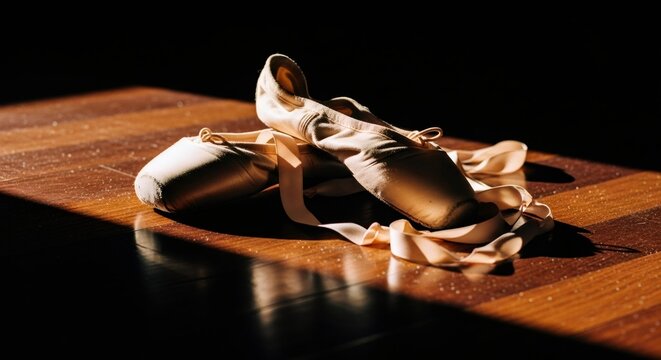 Ballet pointe shoes on wooden floor in dramatic lighting. Dance performance preparation. Artistic still life of ballerina footwear. Classical ballet concept for dance studio