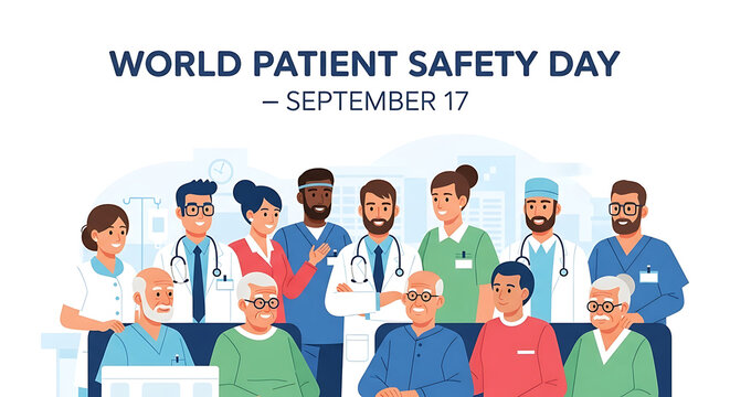 Realistic illustration of diverse healthcare workers smiling with patients, World Patient Safety Day – September 17