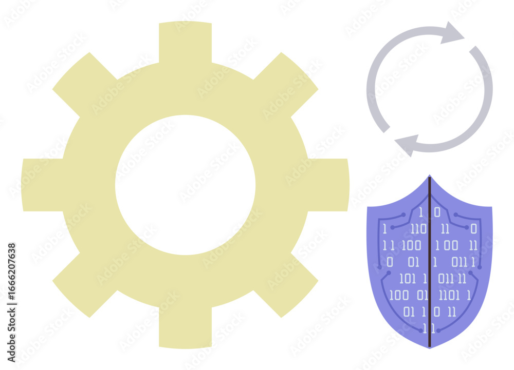 Poster yellow gear, binary code shield, and circular arrows convey cybersecurity, automation, innovation, a