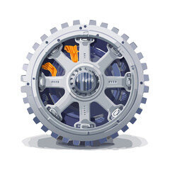 Obraz premium Intricate silver gear machinery illustration, mechanical device assembly with connecting rods and detailed cogwheel design isolated on black