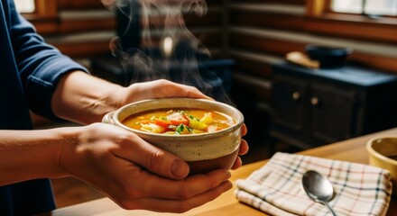 Person holding bowl of hot vegetable soup with steam rising. Homemade comfort food for cold weather. Healthy eating and home cooking concept. Cozy kitchen scene.