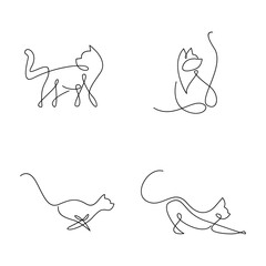Set of Continuous Line Art Cats in Various Poses, Minimalist One Line Drawing Collection on White Background