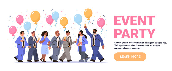 Event party celebration business people balloons confetti group holding drinks festive atmosphere flat style website banner