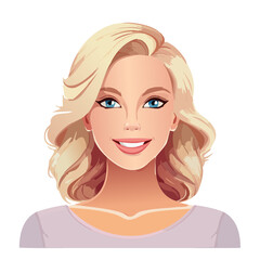 Attractive cartoon woman portrait with blonde wavy hair, light skin, smiling, and wearing a simple top