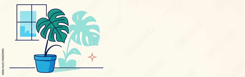 Poster potted monstera plant near window casting shadow on wall with empty copy space for design or banner 