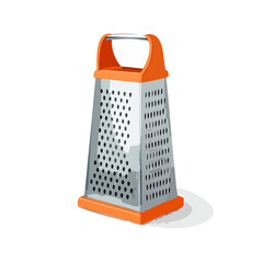 Kitchen grater illustration, food preparation utensil, culinary tool, metal grater with orange handle on black