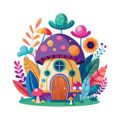 Whimsical mushroom house surrounded by enchanted forest flora