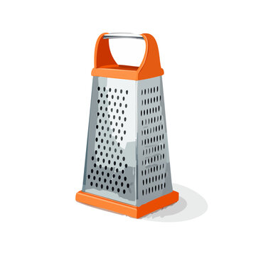 Kitchen grater illustration, food preparation utensil, culinary tool, metal grater with orange handle on black