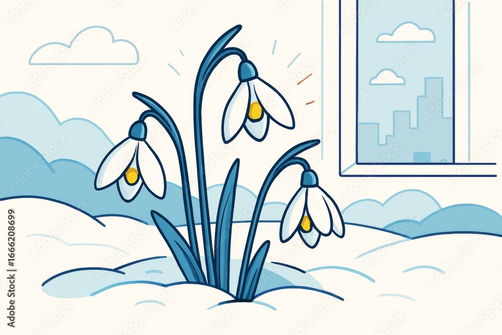Poster snowdrop flowers blooming through snow near a window in a light abstract style with a soft blue back