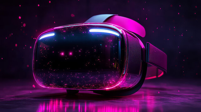 A vr headset illuminated with pink and blue lights sitting on a dark surface with pink particles around it - Powered by Adobe