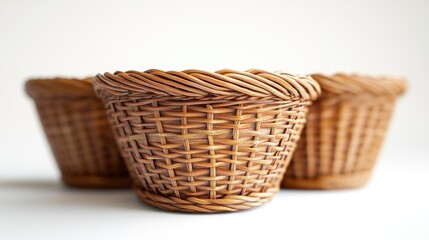 Three small, light brown wicker plant pots