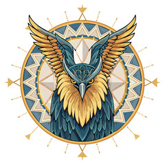 Stylized owl vector illustration, decorative circle with wings, blue and gold bird art