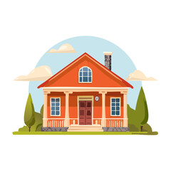 Cute cartoon house illustration with chimney trees and front porch windows in front yard against cloudy blue sky