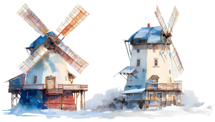 two watercolor illustrations of christmas-themed windmill clip art, one with green trees and the other with white snow on a transparent background.