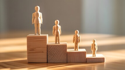 Business hierarchy; ranking and strategy concept with wood doll standing on a podium 1, 2, 3 of wooden building blocks with copy space.