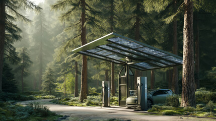 Using of charge station, solar panel and windmill background. Sustainability assessment, renewable energy concept. Electric vehicle using sustainable source, wind generator. Saving, climate change.