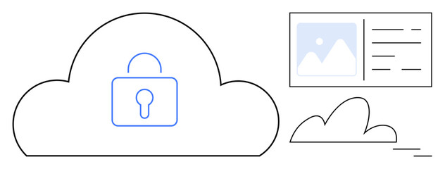 Cloud with lock illustration signifying data security, accompanied by a document and cloud icon. Ideal for technology, cybersecurity, cloud computing, data protection, information sharing, online