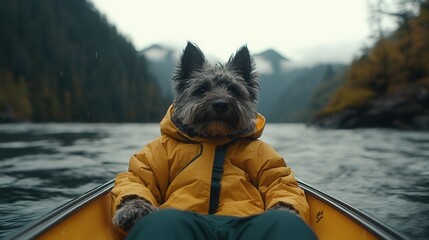 international dog day. A dog in a yellow raincoat kayaking on a lake surrounded by mountains.