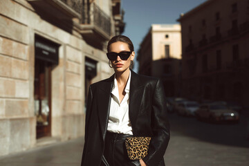 Outdoor autumn fashion portrait of elegant woman wearing sunglasses, white shirt, leather trousers, and leopard print bag, walking in a European city. Chic seasonal street style look.