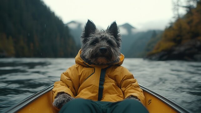 international dog day. A dog in a yellow raincoat kayaking on a lake surrounded by mountains.