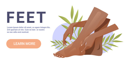 Feet care wellness hands touching legs leaves abstract background modern web banner