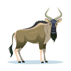 Cartoon wildebeest illustration standing on a white ground surface against a black background.