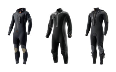 Wetsuits for surfing ocean product showcase, isolated on transparent background, png set