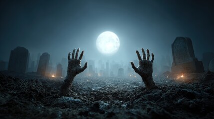 Bony pale hands of sexy woman vampire with sharp bloody red nails rising out from the ground,Halloween grave crosses,zombies at night,creepy hand coming out of the ground,halloween concept.