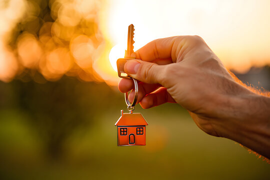 Hand Holding House Key With Keychain Charm Against Golden Sunset Sky With Blurred Green Trees in Background Representing New Home Ownership Dreams