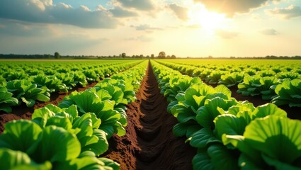 Lush green lettuce plants thrive in neatly arranged rows of a vast agricultural field under a vibrant sunset.