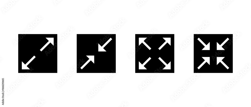 Poster expand and collapse arrow icon in black square. full screen and exit fullscreen symbol