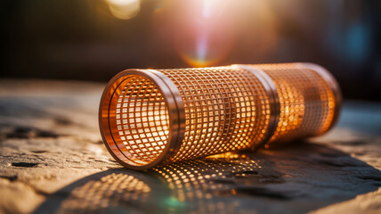 Close up of a copper mesh strainer or filter lying on a textured surface with warm light illuminating it